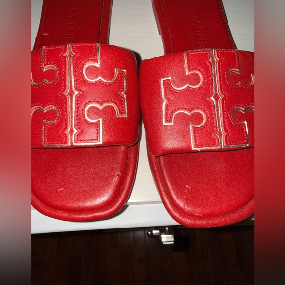 Tory Burch Red Gold Double T Logo Slide Sandals Size 6.5 - Picture 5 of 16